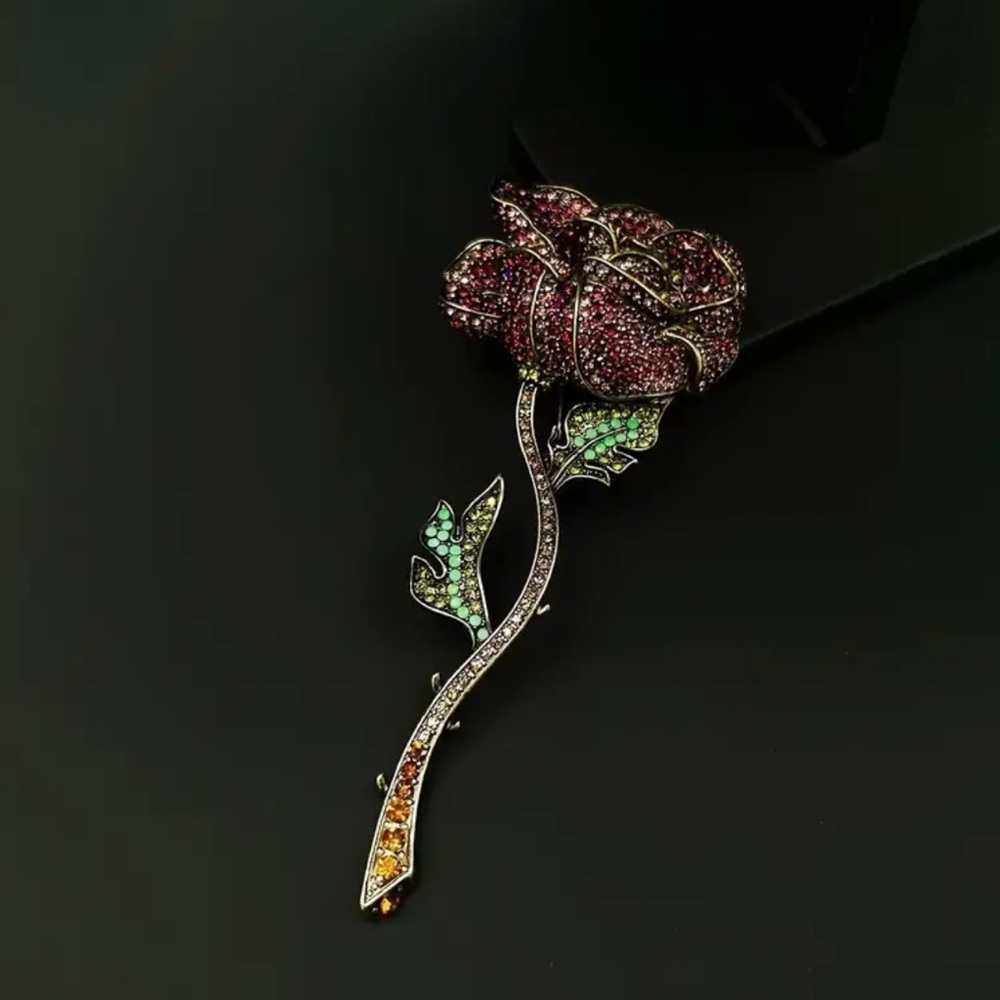 VINTAGE ROSE LARGE RHINESTONE BROOCH - Picture 3 of 6